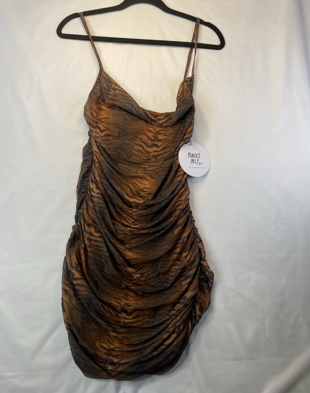 Princess Polly Mini Bodycon Dress Brown Black Animal Print Ruched Mesh Sz 8
